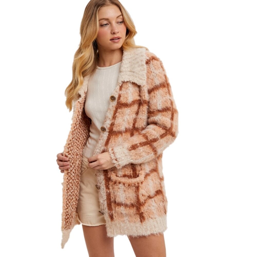 BLUIVY - BUTTON DOWN PEACH PLAID SHERPA CARDIGAN JACKET